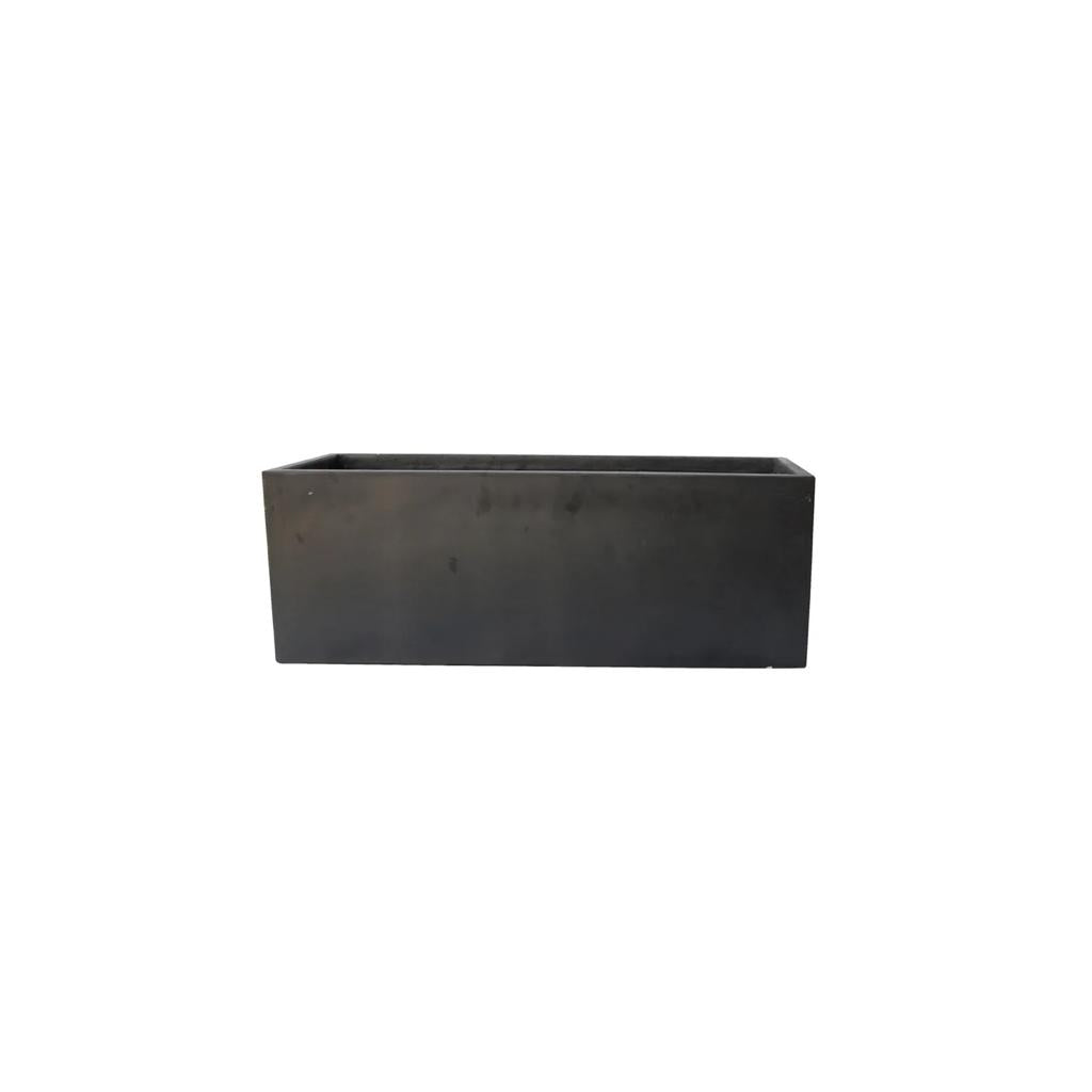 Large rectangular black fiber cement planter box on white background