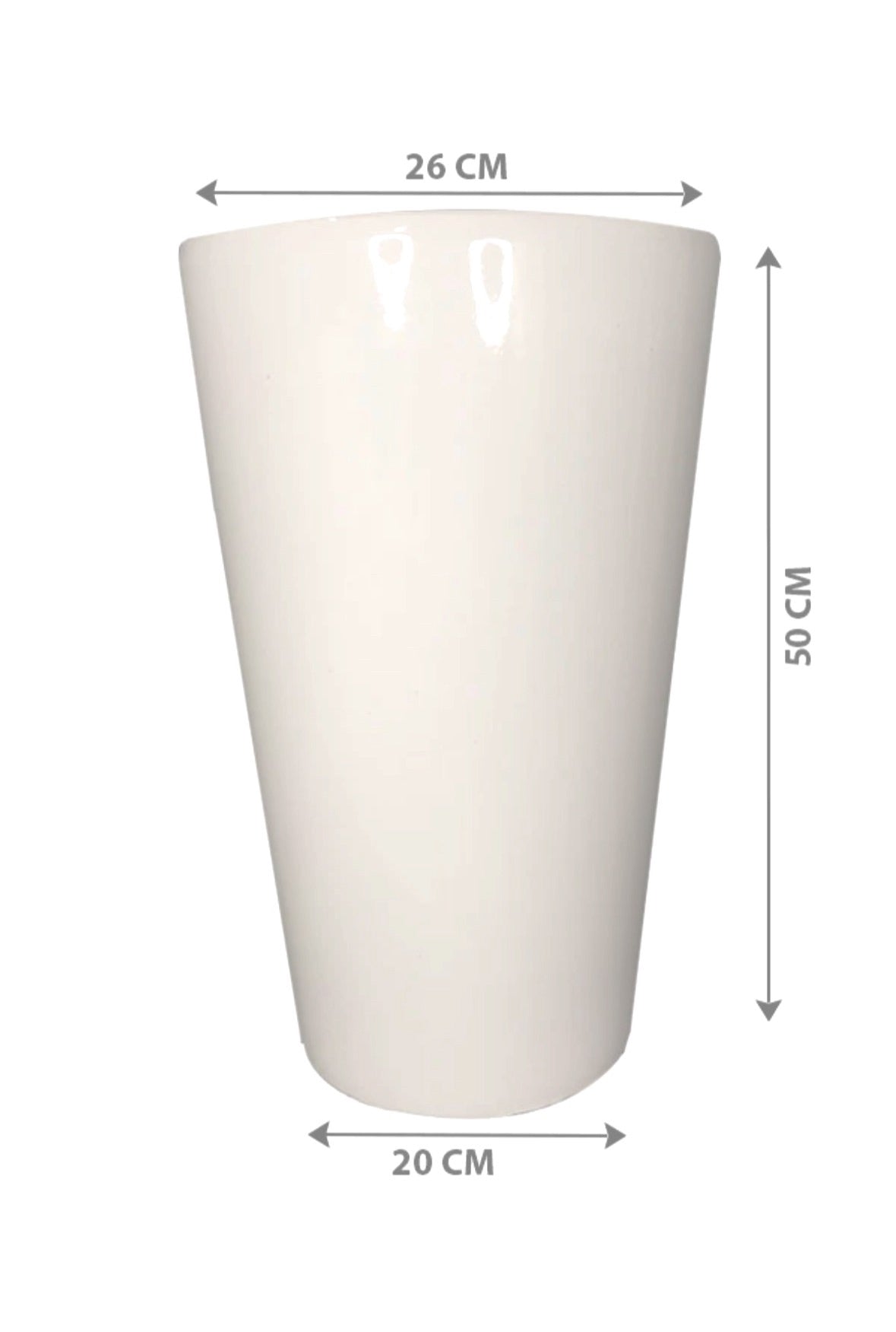 Tall white planter pot, 50 cm height, 26 cm top width, 20 cm base width